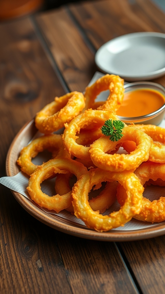 Crispy fried onion rings served with dipping sauce on a wooden table.